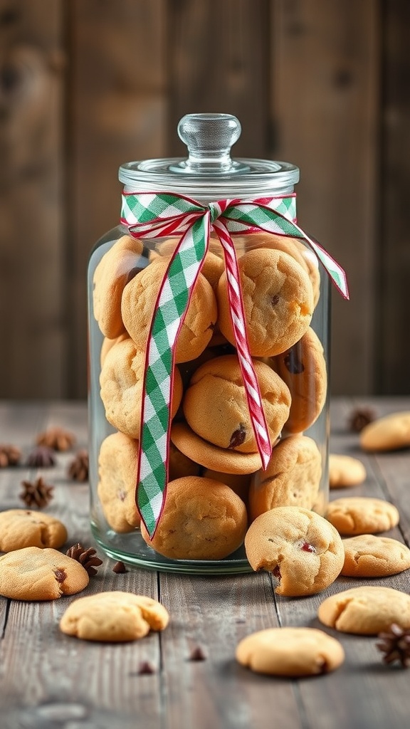 A gift jar filled with homemade cookies tied with a ribbon, surrounded by cookies on a wooden table.